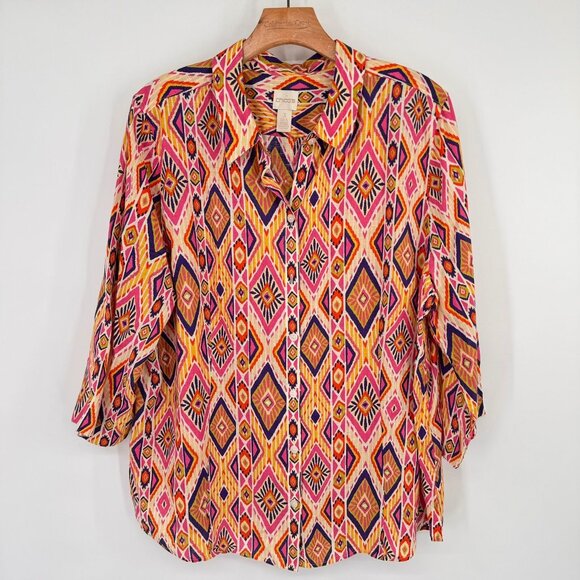 Chicos 3 Womens Ikat Linen Button-Back no iron Shirt blouse 3/4 sleeve Size XL - Picture 3 of 16